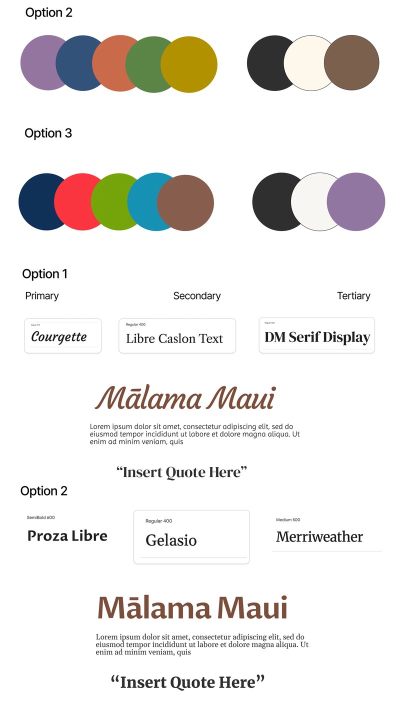 Early style guide options: three color palette options in purples, blues, oranges, greens, and golds, and two type pairings shown on the name Mālama Maui